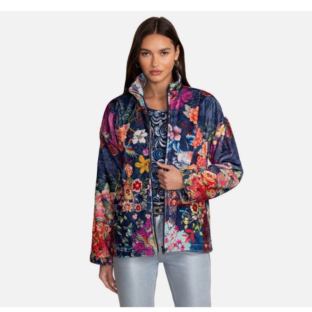 Johnny Was Navy Floral Patchwork Teddy Jacket